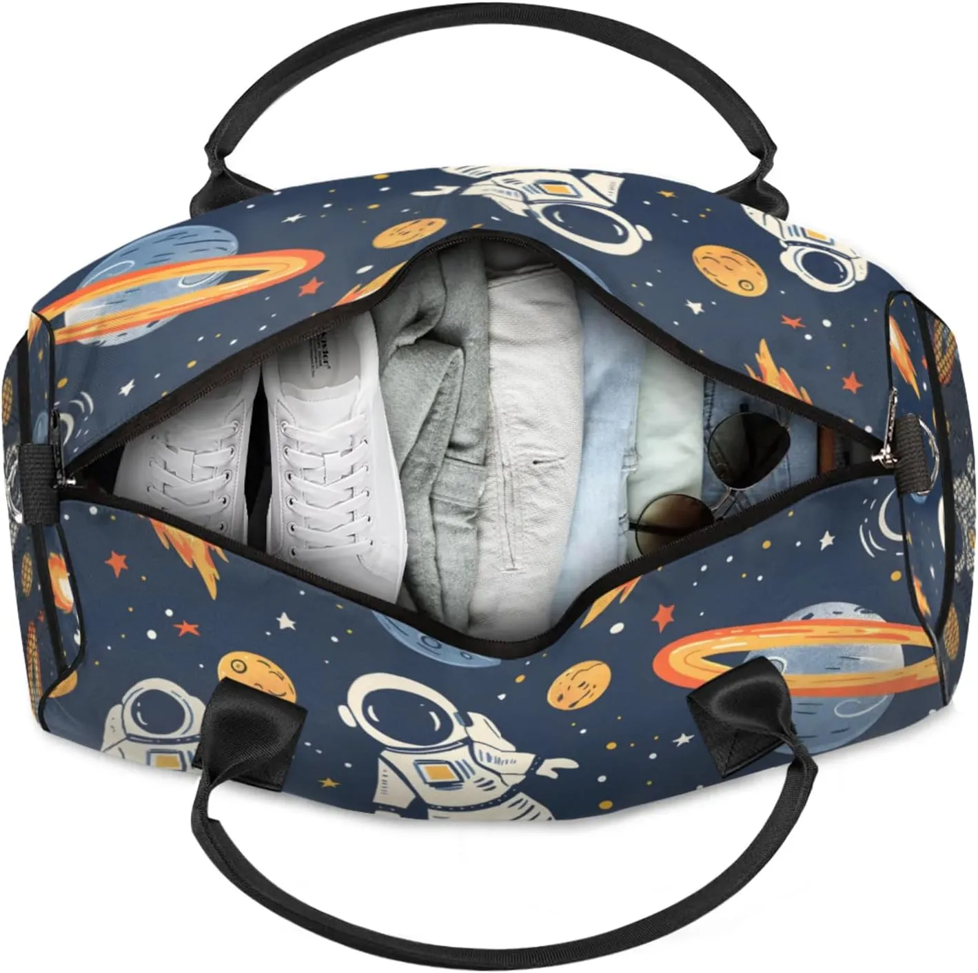 Personalized Astronaut Travel Duffel Bag with Name, Custom Gym Sport Bag Rocket Planets Carry On Weekend Overnight Duffel Bag for Men Women