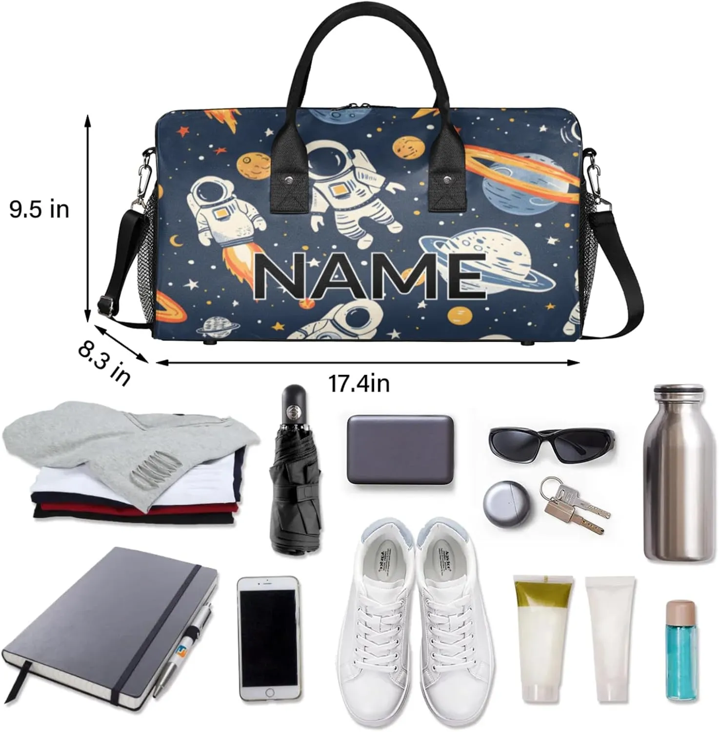 Personalized Astronaut Travel Duffel Bag with Name, Custom Gym Sport Bag Rocket Planets Carry On Weekend Overnight Duffel Bag for Men Women