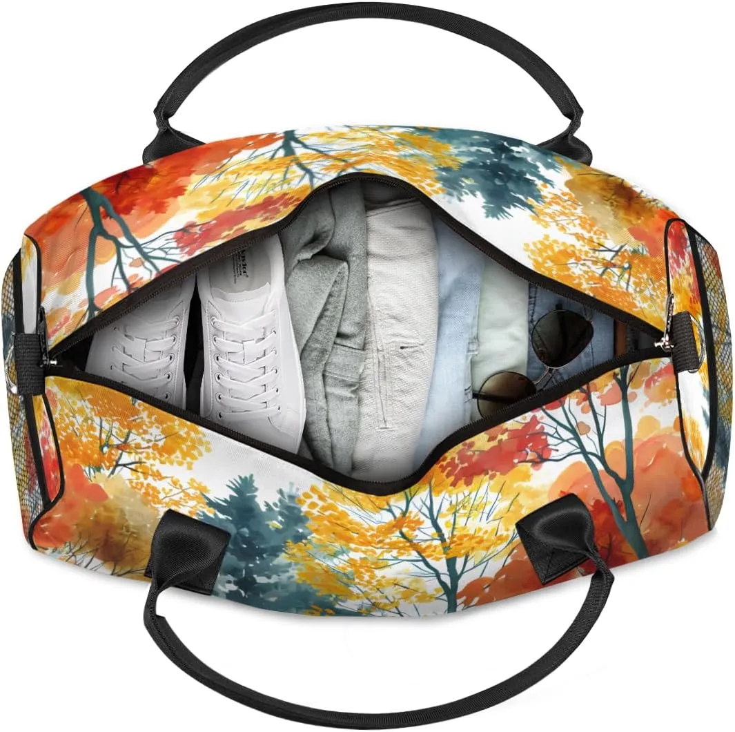 Personalized Autumn Plants Travel Duffel Bag with Name, Custom Gym Sport Bag Fall Tree Carry On Weekend Overnight Duffel Bag for Men Women