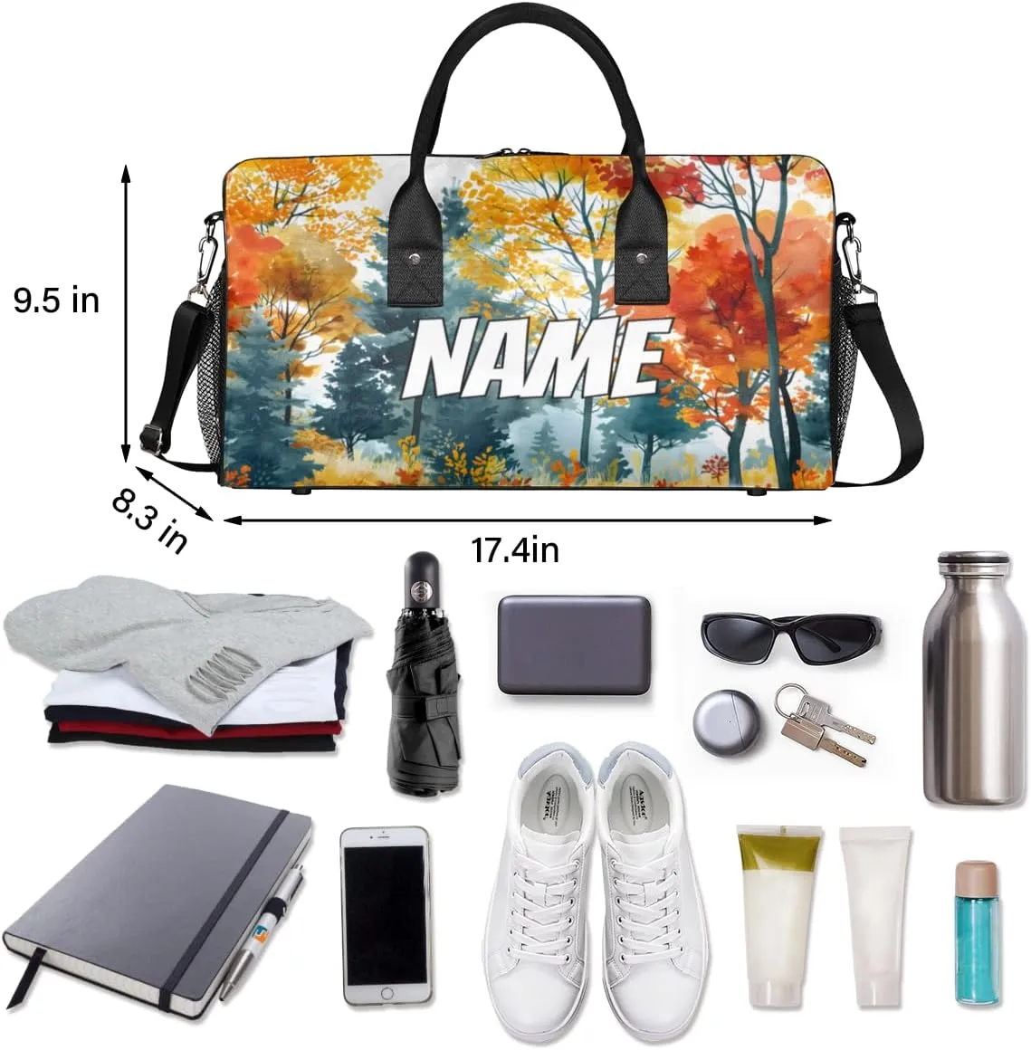 Personalized Autumn Plants Travel Duffel Bag with Name, Custom Gym Sport Bag Fall Tree Carry On Weekend Overnight Duffel Bag for Men Women