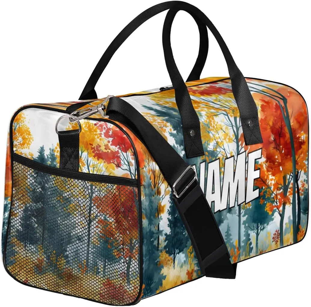 Personalized Autumn Plants Travel Duffel Bag with Name, Custom Gym Sport Bag Fall Tree Carry On Weekend Overnight Duffel Bag for Men Women