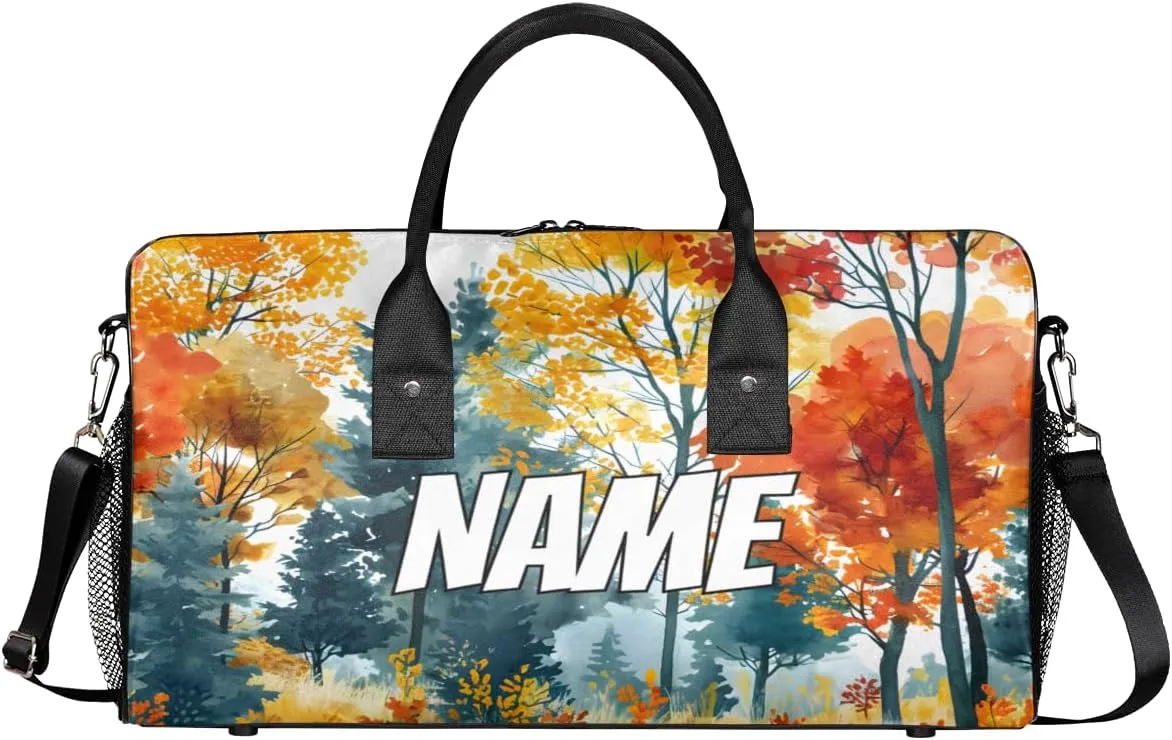 Personalized Autumn Plants Travel Duffel Bag with Name, Custom Gym Sport Bag Fall Tree Carry On Weekend Overnight Duffel Bag for Men Women