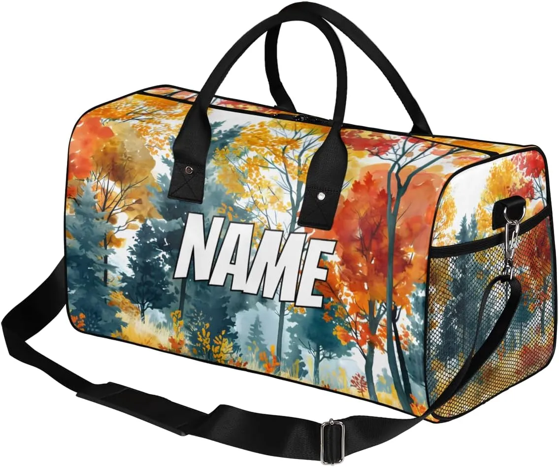 Personalized Autumn Plants Travel Duffel Bag with Name, Custom Gym Sport Bag Fall Tree Carry On Weekend Overnight Duffel Bag for Men Women
