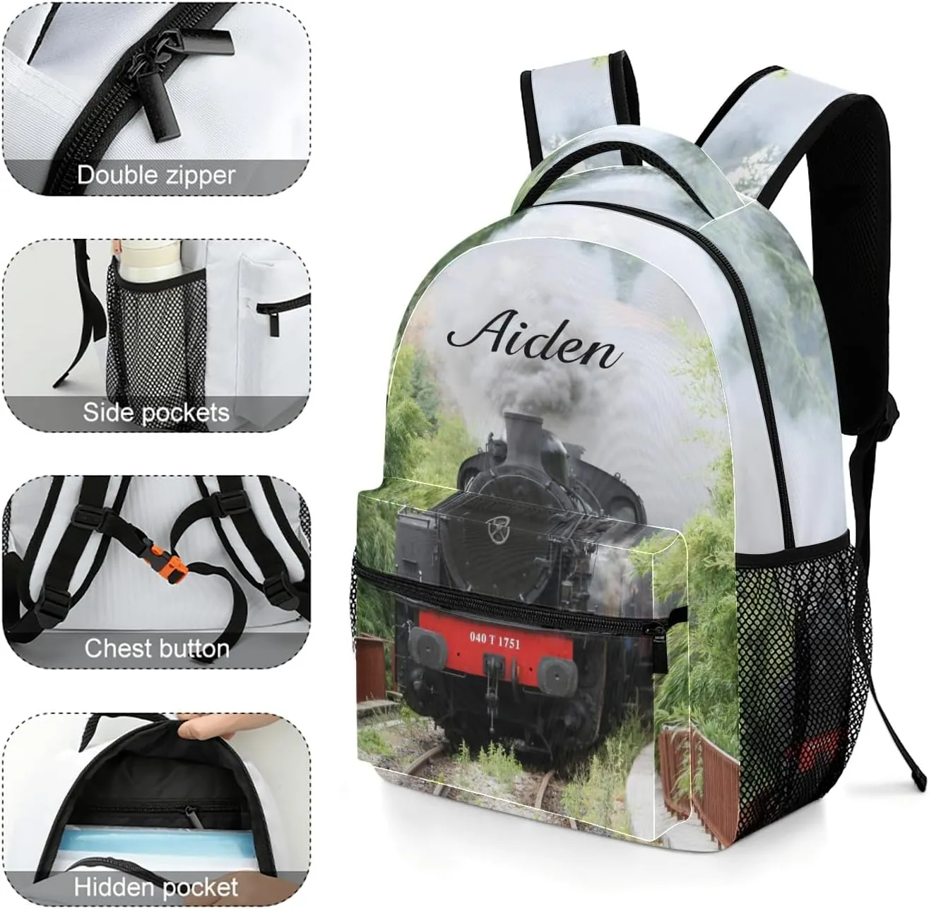 Personalized Backpack Steam Engine Travel Backpack College BookBag School Bag 17.7 IN for Girls Boys Kids