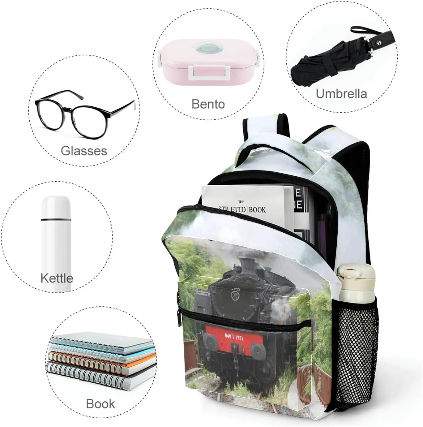 Personalized Backpack Steam Engine Travel Backpack College BookBag School Bag 17.7 IN for Girls Boys Kids