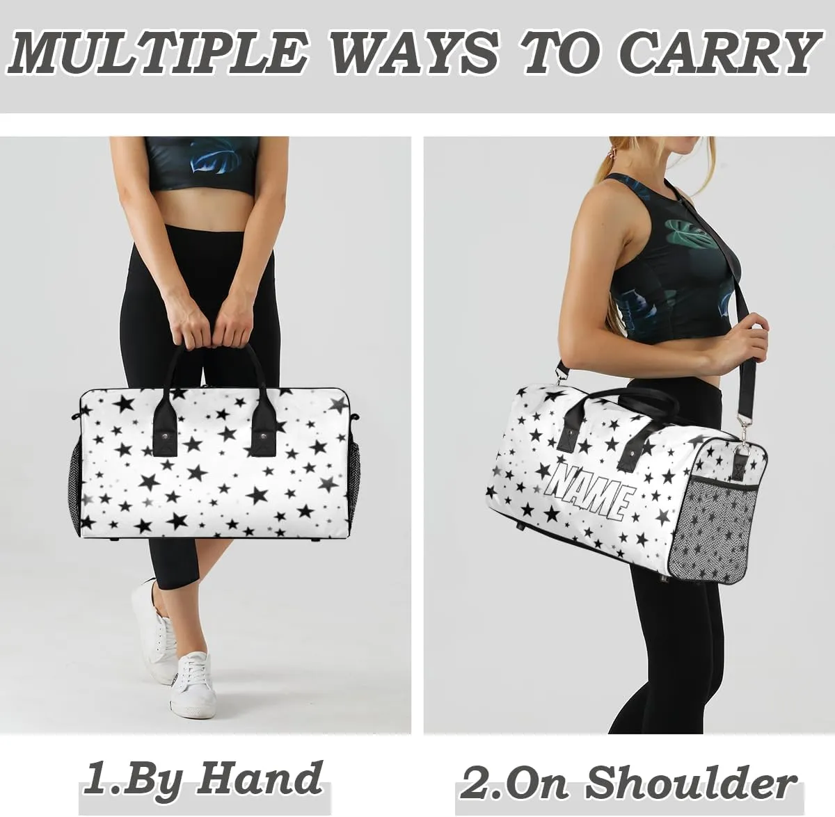 Personalized Black White Star Travel Duffel Bag with Name, Custom Gym Sport Bag 4th Of July Carry On Weekend Overnight Duffel Bag for Men Women