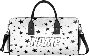 Personalized Black White Star Travel Duffel Bag with Name, Custom Gym Sport Bag 4th Of July Carry On Weekend Overnight Duffel Bag for Men Women