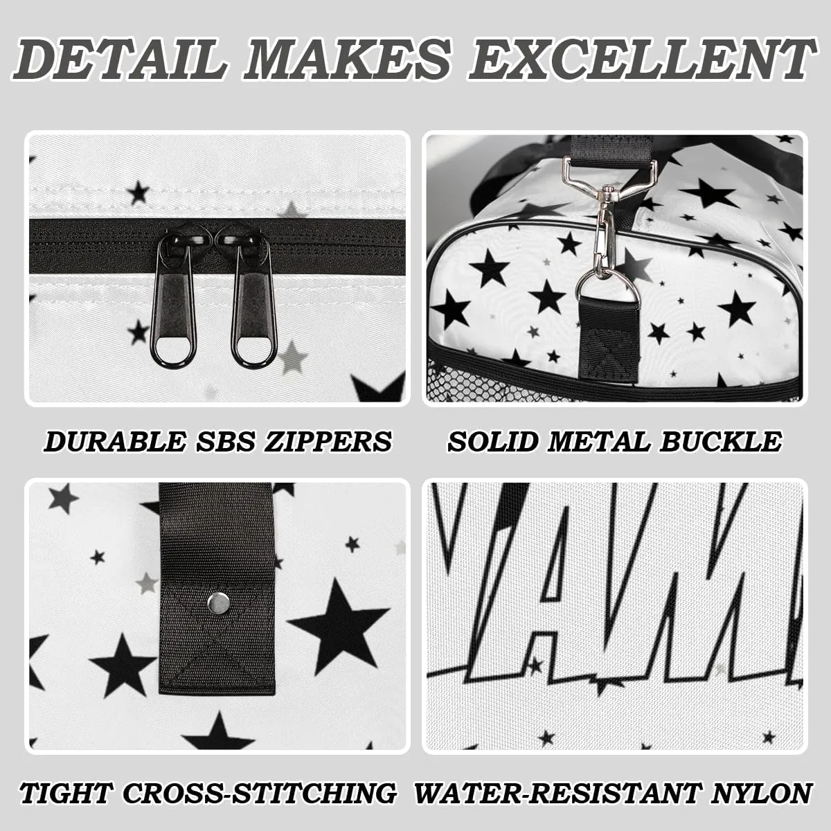 Personalized Black White Star Travel Duffel Bag with Name, Custom Gym Sport Bag 4th Of July Carry On Weekend Overnight Duffel Bag for Men Women