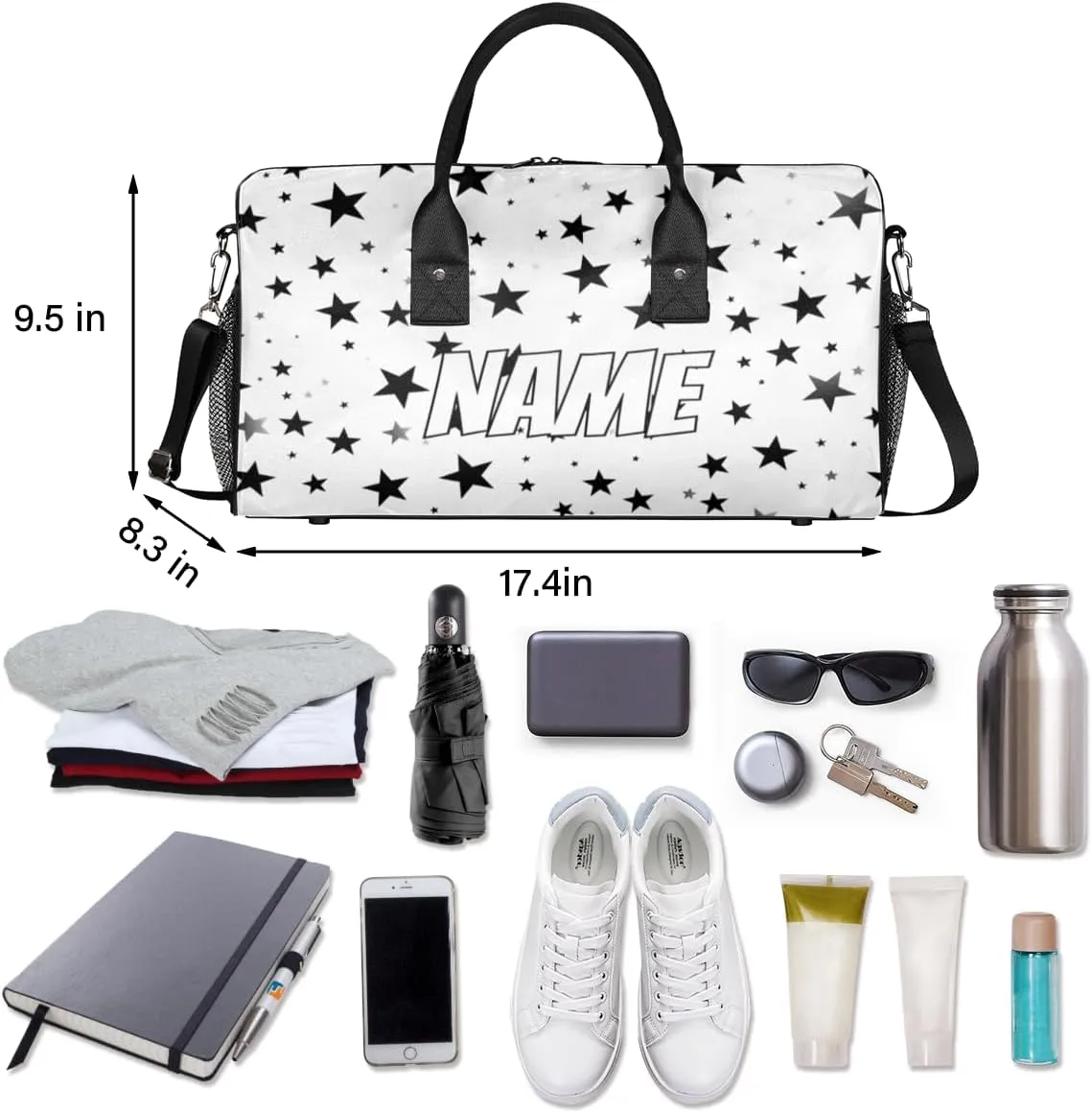 Personalized Black White Star Travel Duffel Bag with Name, Custom Gym Sport Bag 4th Of July Carry On Weekend Overnight Duffel Bag for Men Women