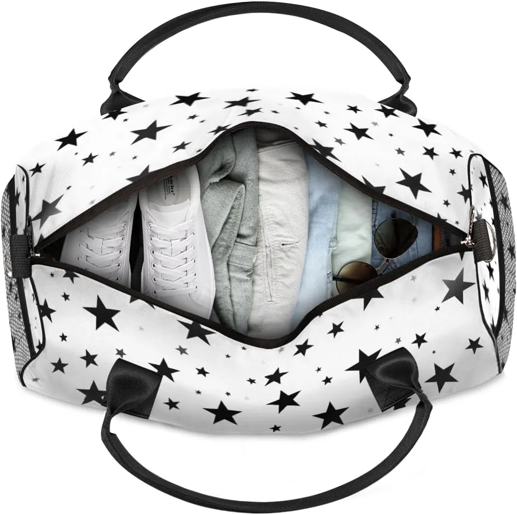 Personalized Black White Star Travel Duffel Bag with Name, Custom Gym Sport Bag 4th Of July Carry On Weekend Overnight Duffel Bag for Men Women