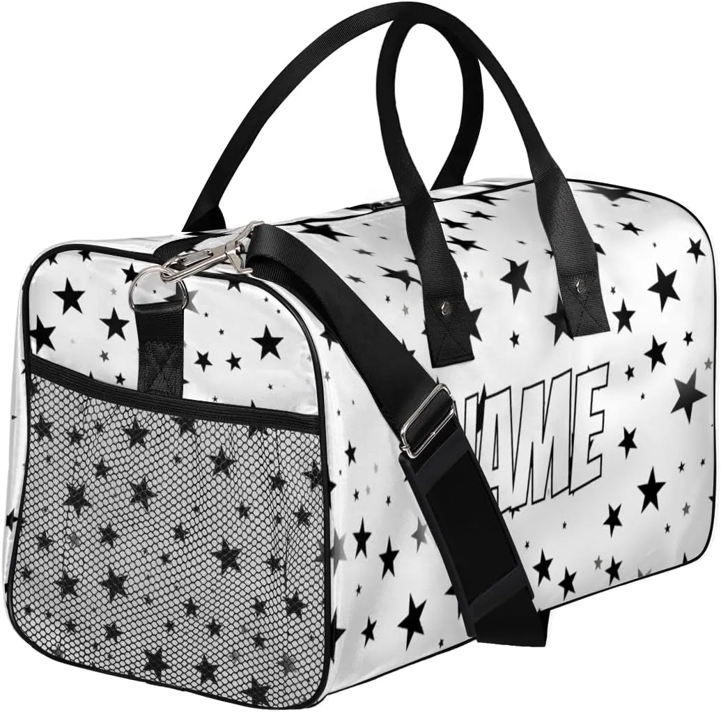 Personalized Black White Star Travel Duffel Bag with Name, Custom Gym Sport Bag 4th Of July Carry On Weekend Overnight Duffel Bag for Men Women
