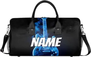 Personalized Blue Flame Guitar Travel Duffel Bag with Name, Custom Gym Sport Bag Musical Carry On Weekend Overnight Duffel Bag for Men Women