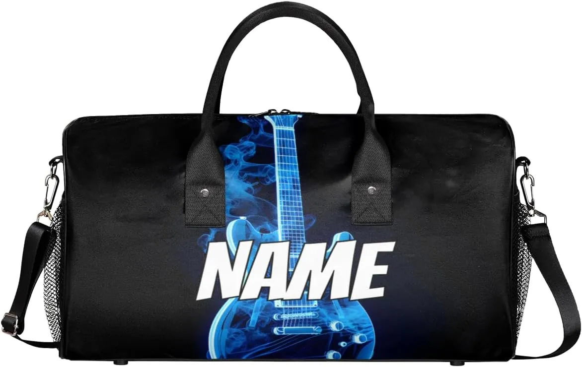 Personalized Blue Flame Guitar Travel Duffel Bag with Name, Custom Gym Sport Bag Musical Carry On Weekend Overnight Duffel Bag for Men Women