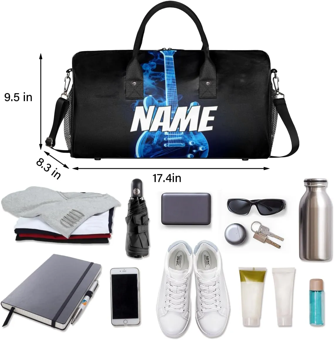 Personalized Blue Flame Guitar Travel Duffel Bag with Name, Custom Gym Sport Bag Musical Carry On Weekend Overnight Duffel Bag for Men Women