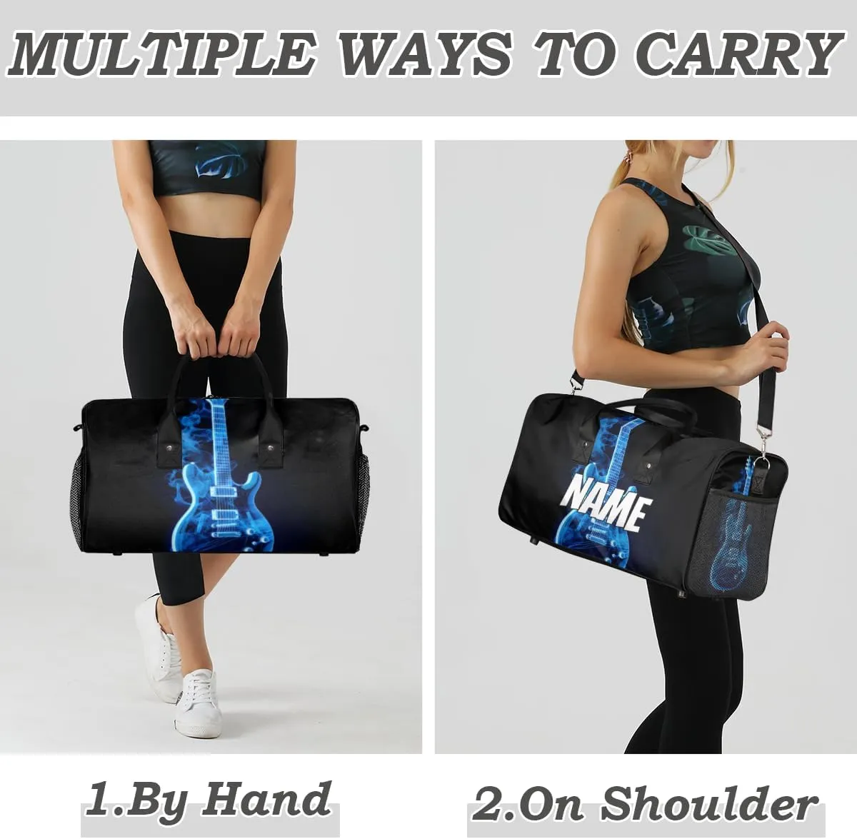 Personalized Blue Flame Guitar Travel Duffel Bag with Name, Custom Gym Sport Bag Musical Carry On Weekend Overnight Duffel Bag for Men Women