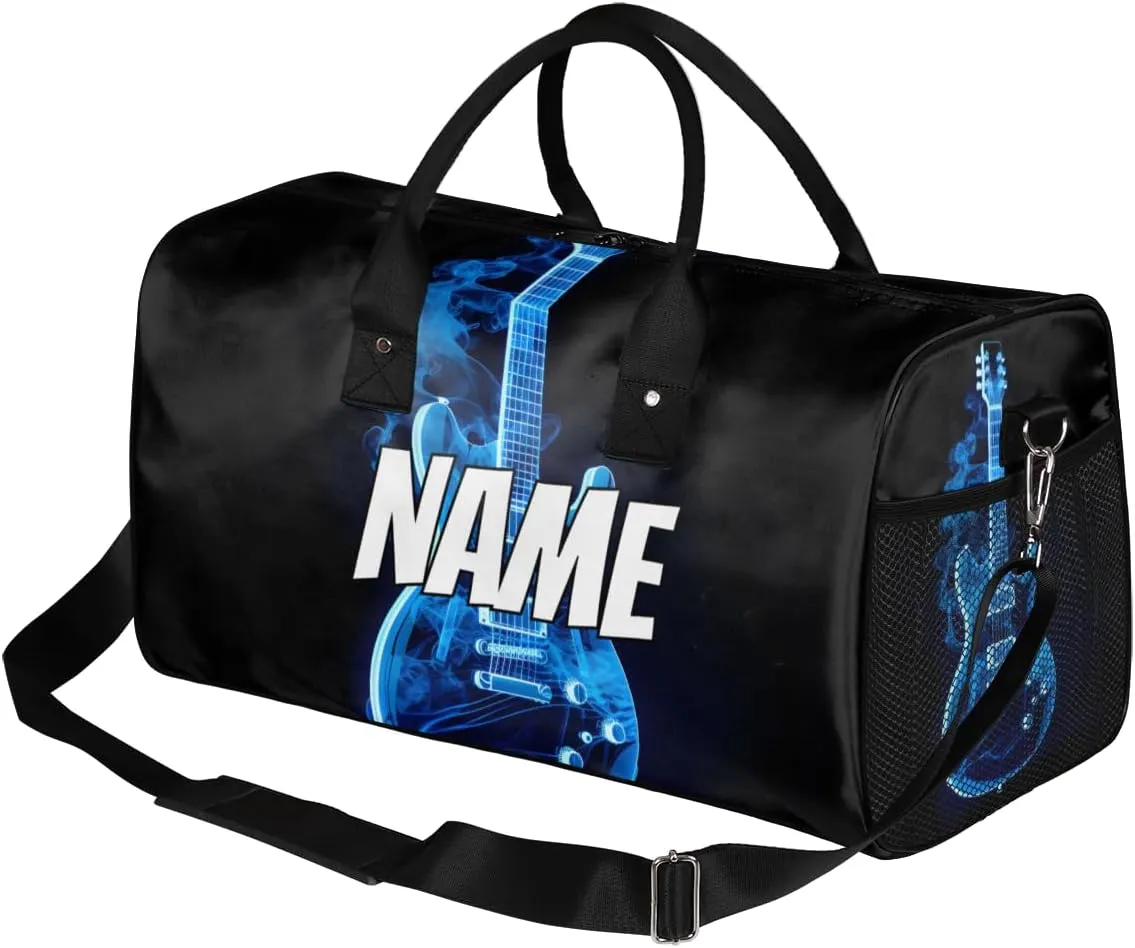 Personalized Blue Flame Guitar Travel Duffel Bag with Name, Custom Gym Sport Bag Musical Carry On Weekend Overnight Duffel Bag for Men Women