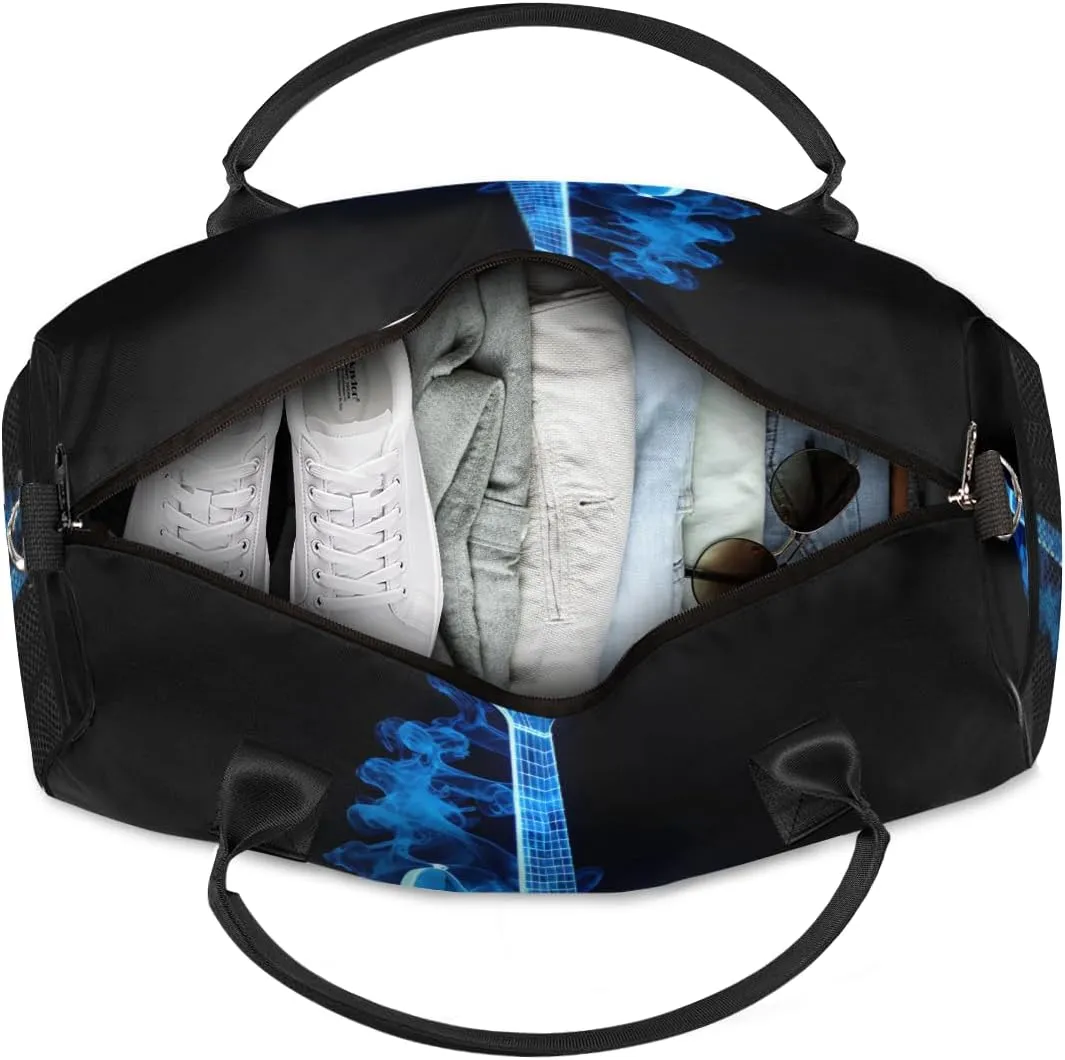 Personalized Blue Flame Guitar Travel Duffel Bag with Name, Custom Gym Sport Bag Musical Carry On Weekend Overnight Duffel Bag for Men Women
