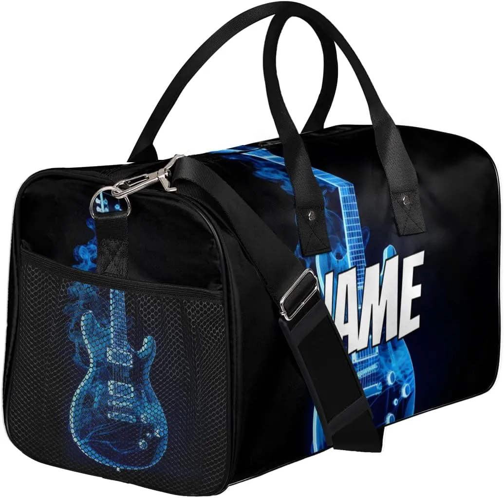 Personalized Blue Flame Guitar Travel Duffel Bag with Name, Custom Gym Sport Bag Musical Carry On Weekend Overnight Duffel Bag for Men Women