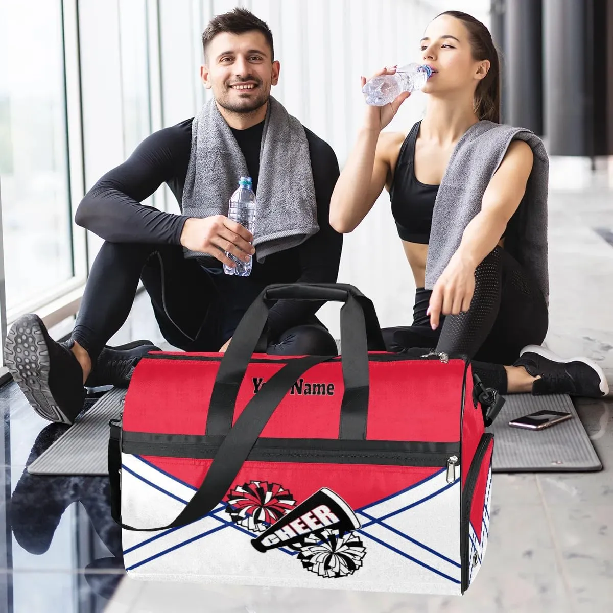 Personalized Cheer Duffel Bag Cheerleader Weekender Overnight Bag Custom Name Team Gift Lightweight Gymnastics Dance Bag Waterproof Sport Gym Travel Collapsible Carry on Tote Bag Blue Red