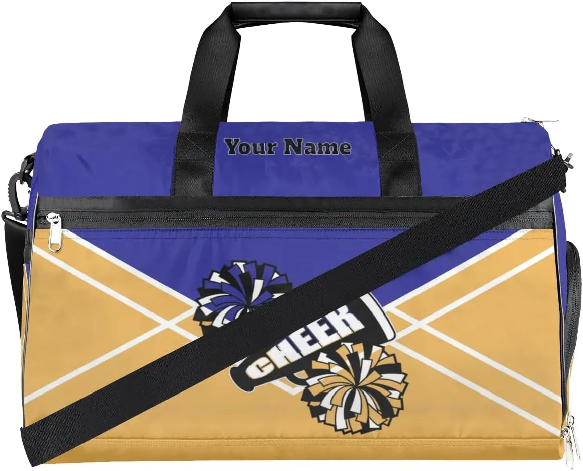 Personalized Cheer Duffel Bag Cheerleader Weekender Overnight Bag Custom Name Team Gift Lightweight Gymnastics Dance Bag Waterproof Sport Gym Travel Collapsible Carry on Tote Bag Gold Blue