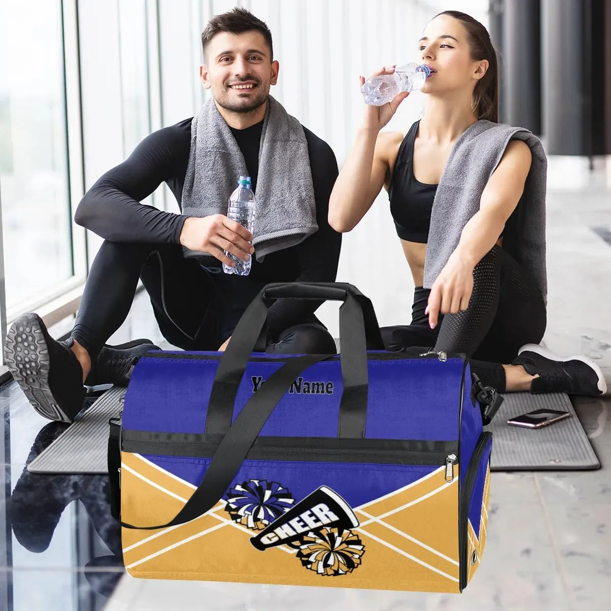 Personalized Cheer Duffel Bag Cheerleader Weekender Overnight Bag Custom Name Team Gift Lightweight Gymnastics Dance Bag Waterproof Sport Gym Travel Collapsible Carry on Tote Bag Gold Blue