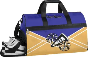 Personalized Cheer Duffel Bag Cheerleader Weekender Overnight Bag Custom Name Team Gift Lightweight Gymnastics Dance Bag Waterproof Sport Gym Travel Collapsible Carry on Tote Bag Gold Blue