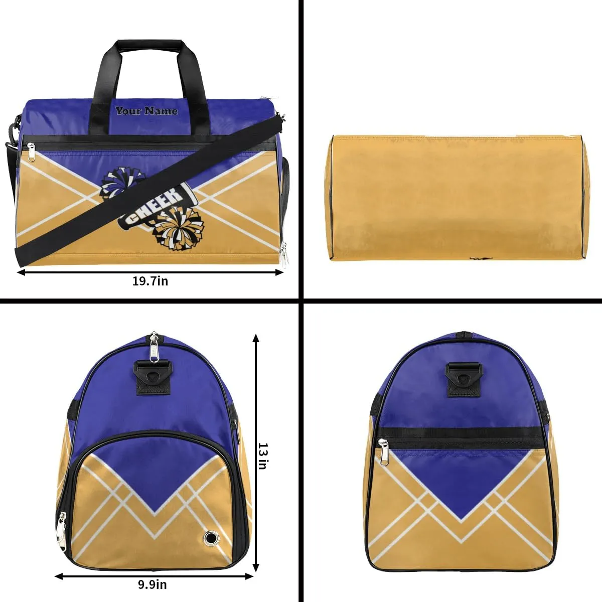Personalized Cheer Duffel Bag Cheerleader Weekender Overnight Bag Custom Name Team Gift Lightweight Gymnastics Dance Bag Waterproof Sport Gym Travel Collapsible Carry on Tote Bag Gold Blue