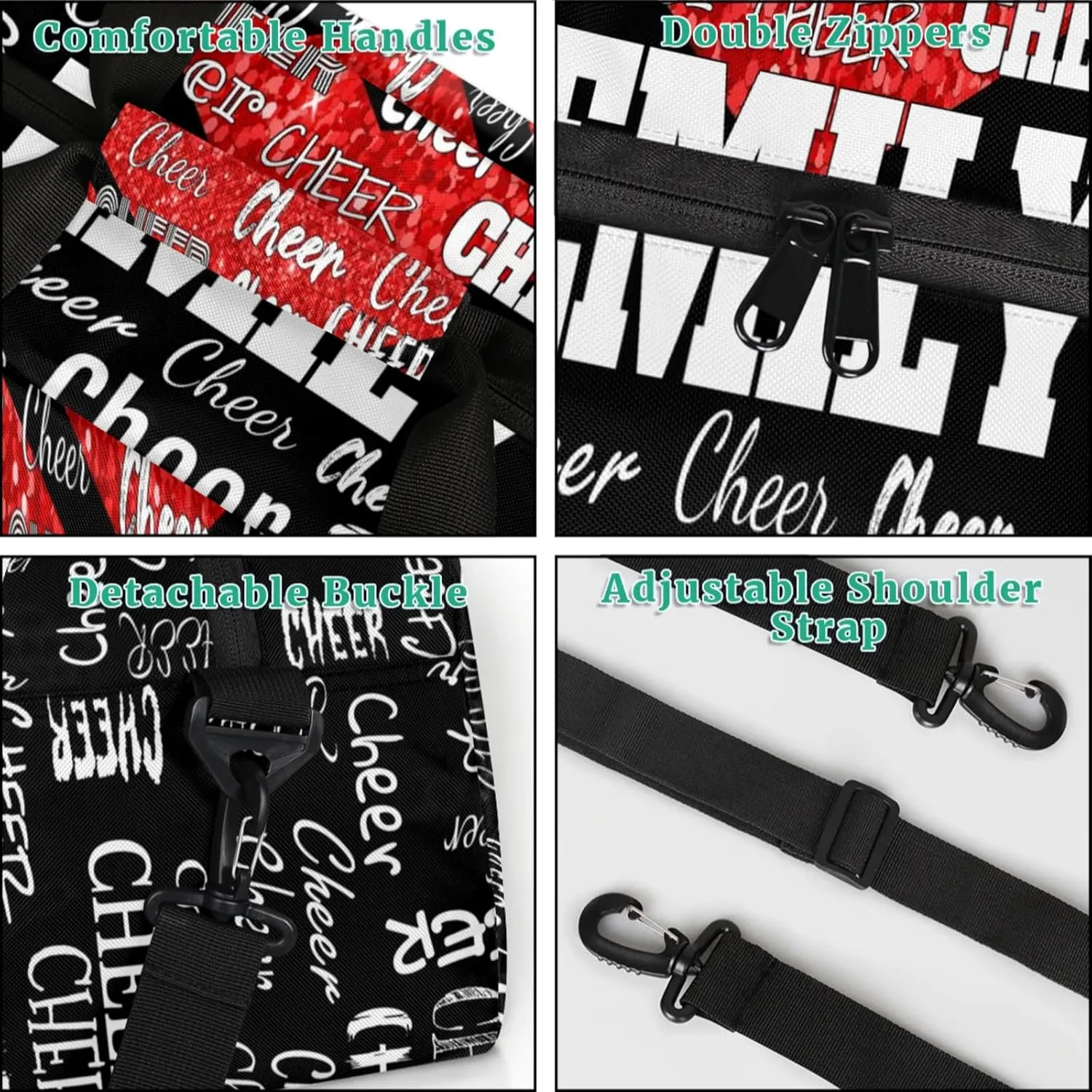 Personalized Cheerleading Dance Bag, Custom Sport Duffel Bag Dancing Bag Weekender Bags Travel Duffel Bag, Red Glittering with Black