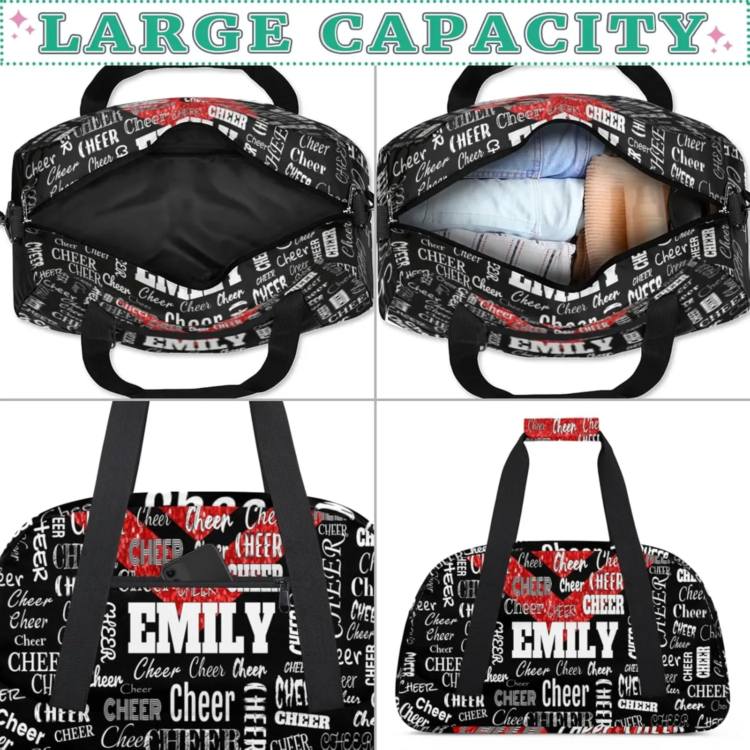 Personalized Cheerleading Dance Bag, Custom Sport Duffel Bag Dancing Bag Weekender Bags Travel Duffel Bag, Red Glittering with Black