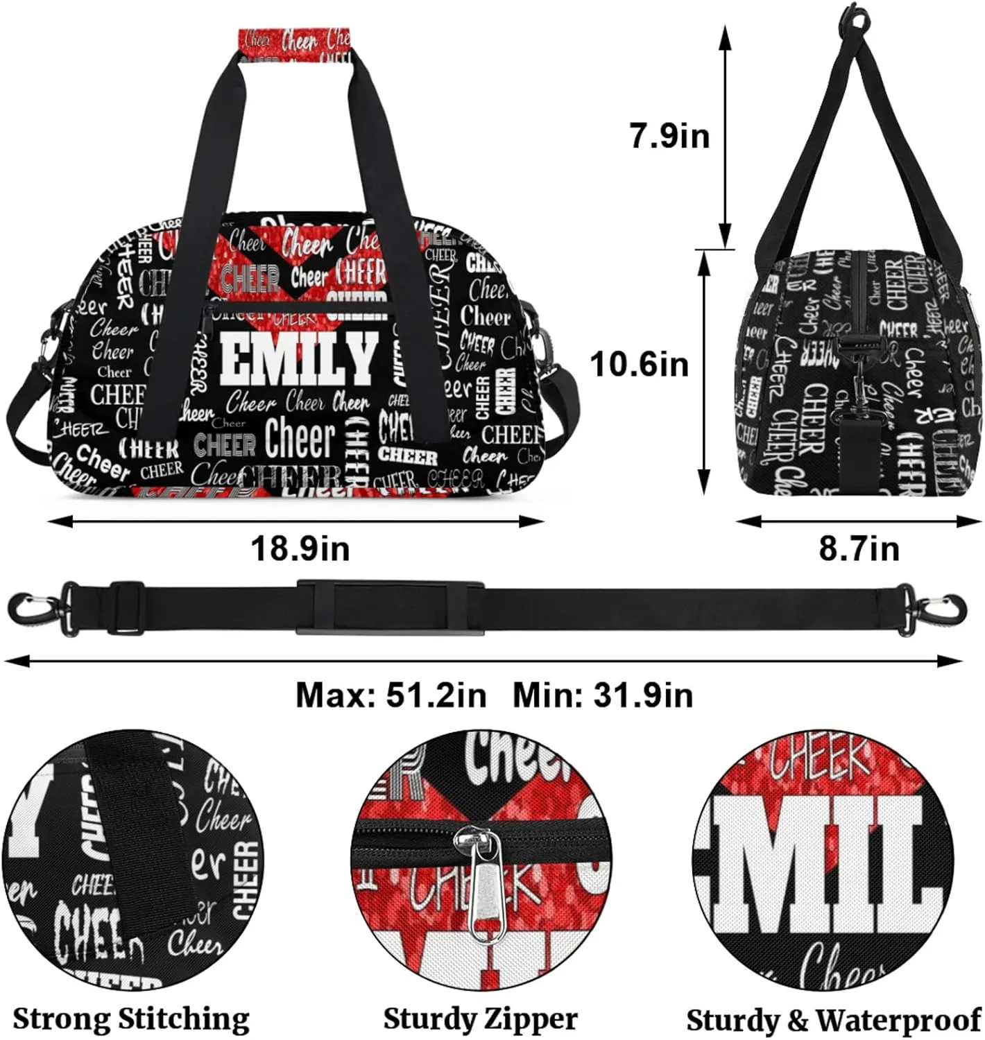 Personalized Cheerleading Dance Bag, Custom Sport Duffel Bag Dancing Bag Weekender Bags Travel Duffel Bag, Red Glittering with Black
