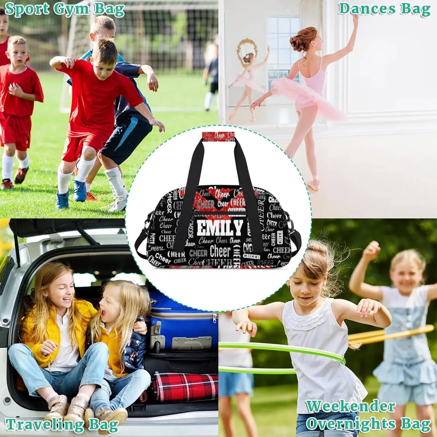 Personalized Cheerleading Dance Bag, Custom Sport Duffel Bag Dancing Bag Weekender Bags Travel Duffel Bag, Red Glittering with Black