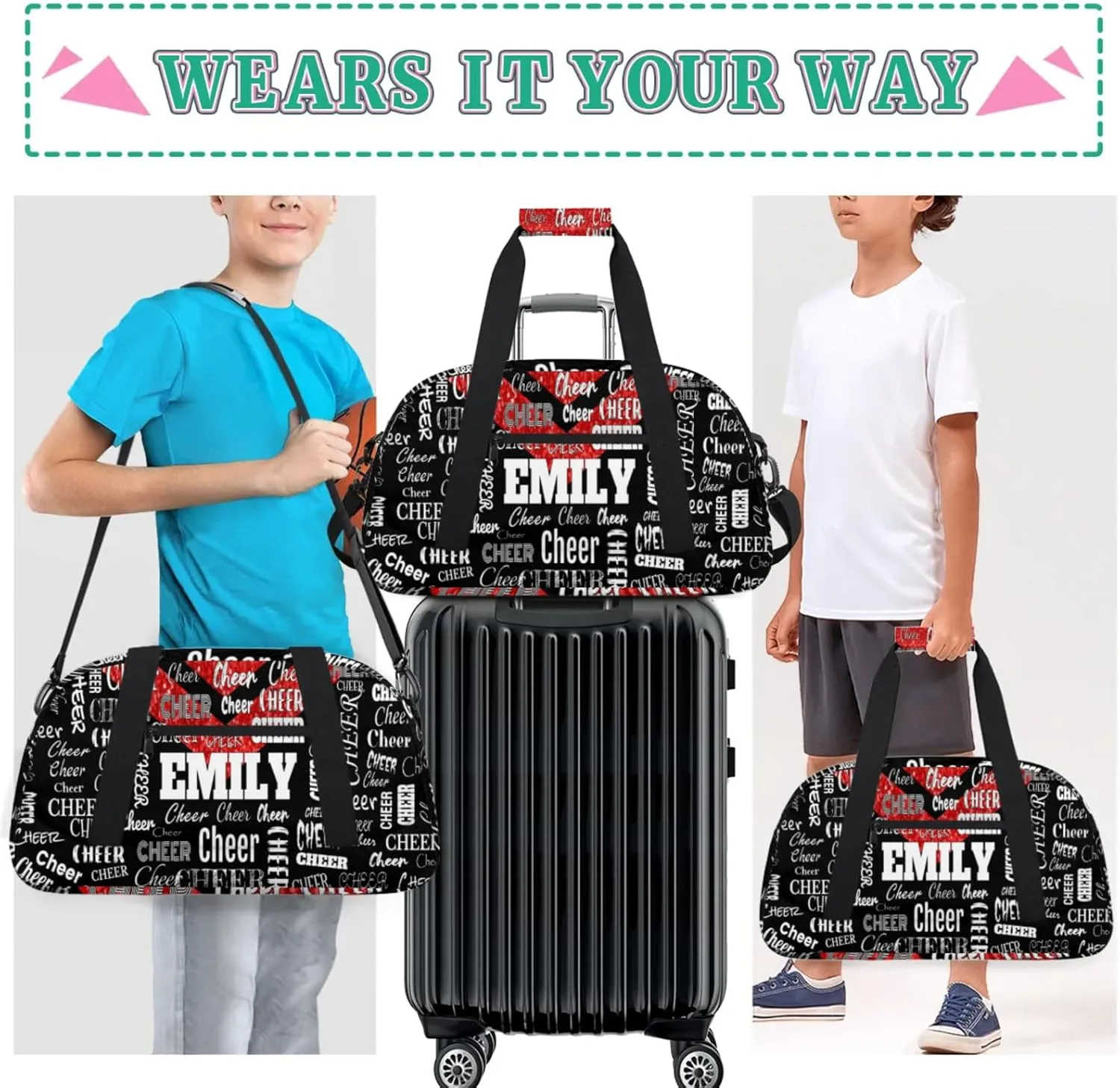 Personalized Cheerleading Dance Bag, Custom Sport Duffel Bag Dancing Bag Weekender Bags Travel Duffel Bag, Red Glittering with Black