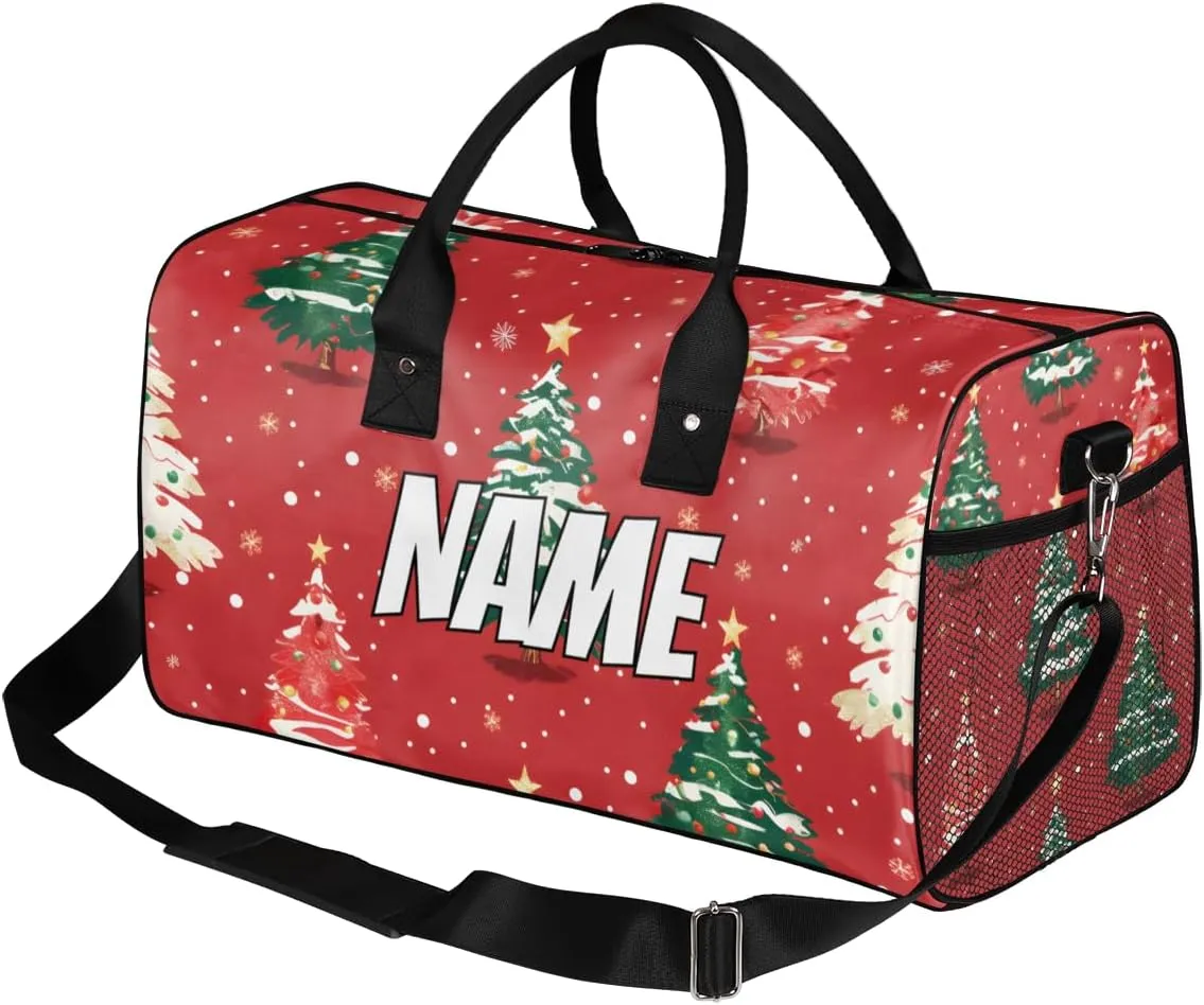 Personalized Christmas Tree Travel Duffel Bag with Name, Custom Gym Sport Bag Winter Snowflake Carry On Weekend Overnight Duffel Bag for Men Women