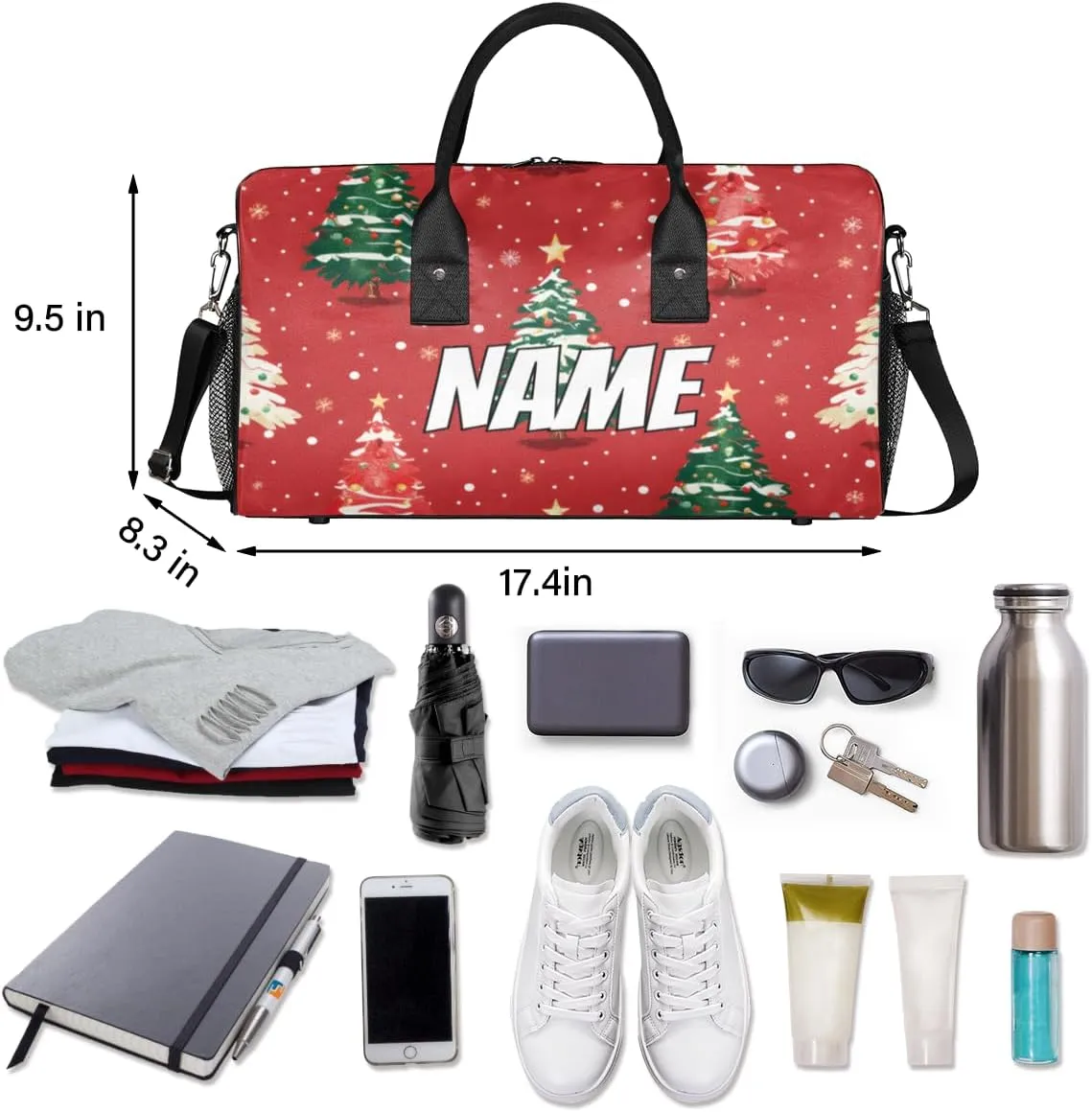Personalized Christmas Tree Travel Duffel Bag with Name, Custom Gym Sport Bag Winter Snowflake Carry On Weekend Overnight Duffel Bag for Men Women