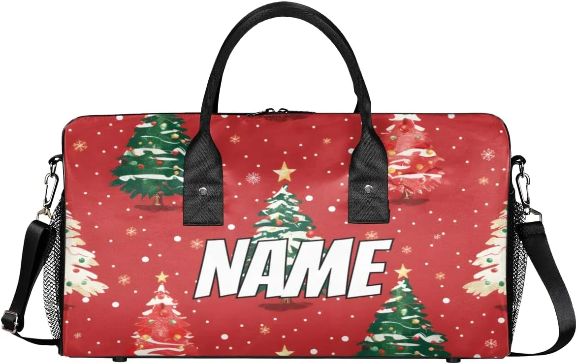 Personalized Christmas Tree Travel Duffel Bag with Name, Custom Gym Sport Bag Winter Snowflake Carry On Weekend Overnight Duffel Bag for Men Women