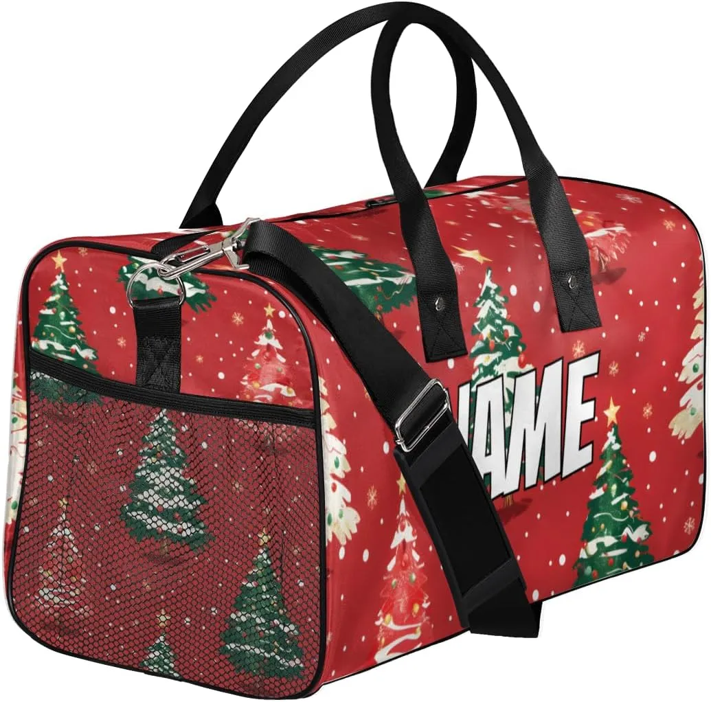 Personalized Christmas Tree Travel Duffel Bag with Name, Custom Gym Sport Bag Winter Snowflake Carry On Weekend Overnight Duffel Bag for Men Women