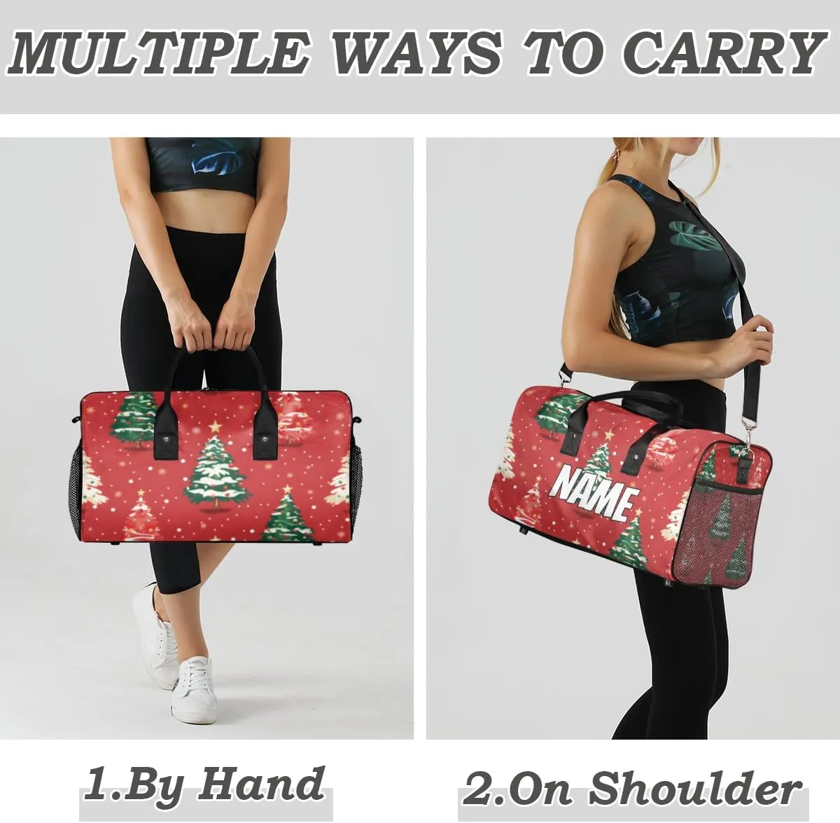 Personalized Christmas Tree Travel Duffel Bag with Name, Custom Gym Sport Bag Winter Snowflake Carry On Weekend Overnight Duffel Bag for Men Women
