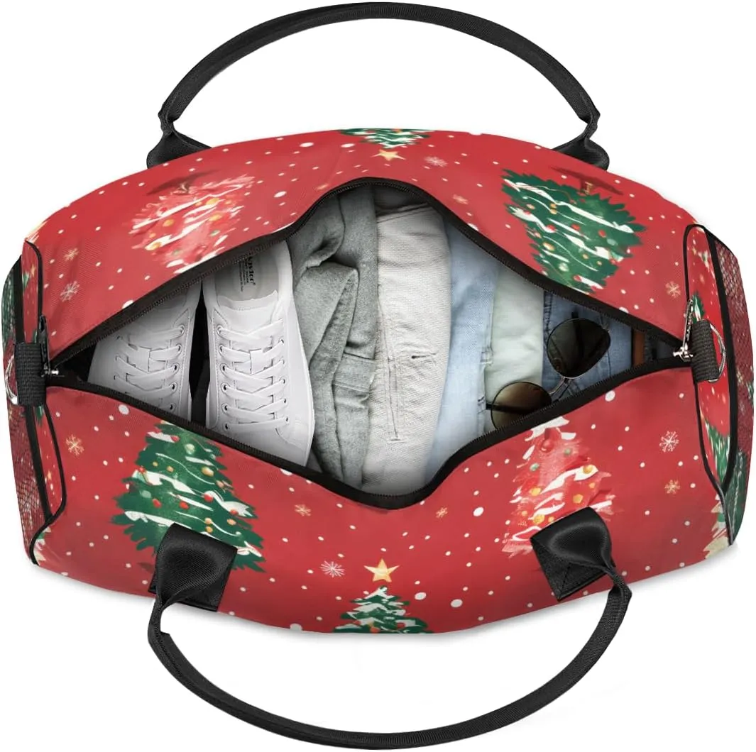 Personalized Christmas Tree Travel Duffel Bag with Name, Custom Gym Sport Bag Winter Snowflake Carry On Weekend Overnight Duffel Bag for Men Women