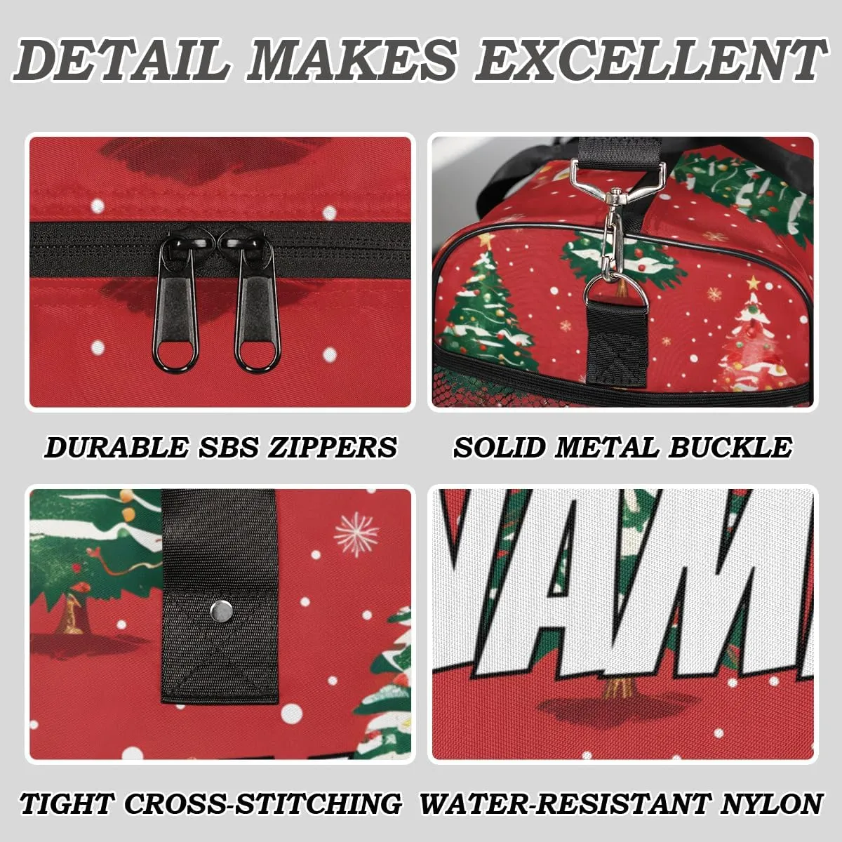 Personalized Christmas Tree Travel Duffel Bag with Name, Custom Gym Sport Bag Winter Snowflake Carry On Weekend Overnight Duffel Bag for Men Women