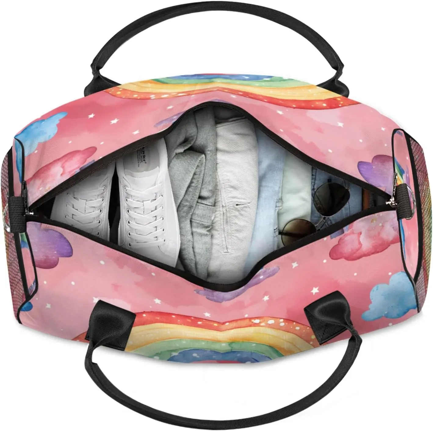 Personalized Cute Rainbow Travel Duffel Bag with Name, Custom Gym Sport Bag Cartoon Colorful Carry On Weekend Overnight Duffel Bag for Men Women