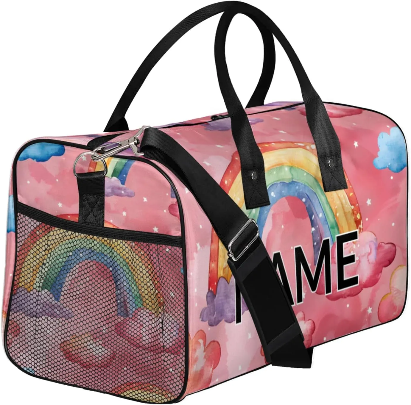 Personalized Cute Rainbow Travel Duffel Bag with Name, Custom Gym Sport Bag Cartoon Colorful Carry On Weekend Overnight Duffel Bag for Men Women