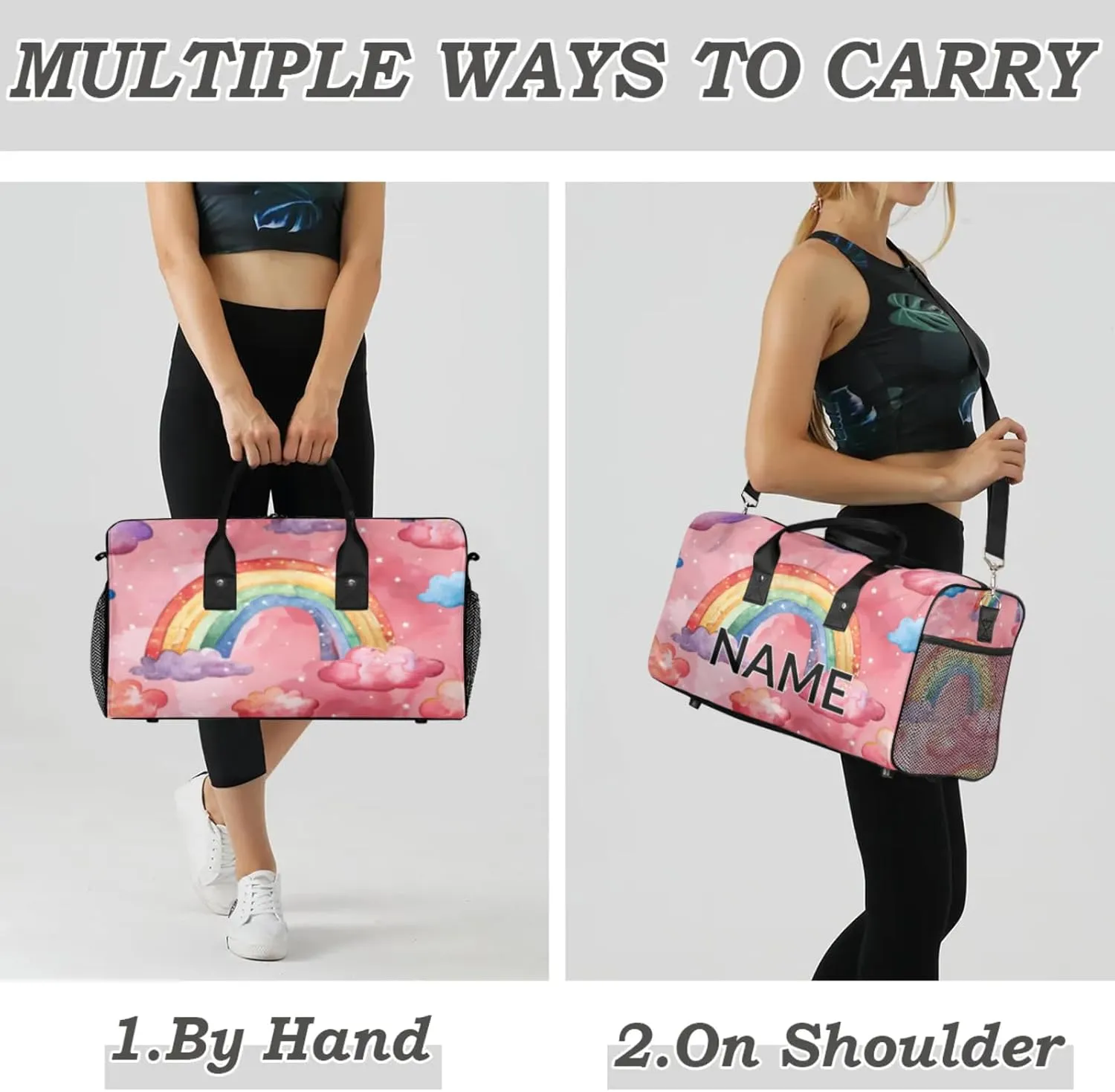 Personalized Cute Rainbow Travel Duffel Bag with Name, Custom Gym Sport Bag Cartoon Colorful Carry On Weekend Overnight Duffel Bag for Men Women