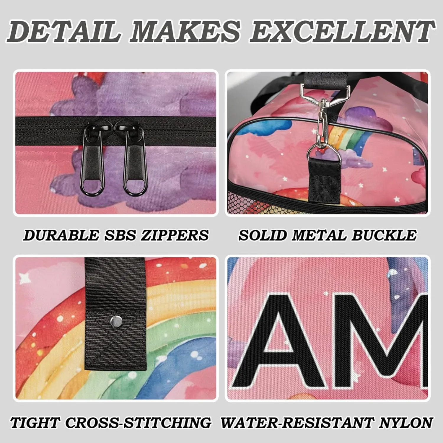 Personalized Cute Rainbow Travel Duffel Bag with Name, Custom Gym Sport Bag Cartoon Colorful Carry On Weekend Overnight Duffel Bag for Men Women