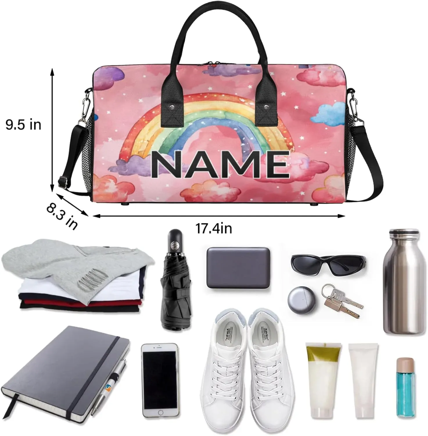 Personalized Cute Rainbow Travel Duffel Bag with Name, Custom Gym Sport Bag Cartoon Colorful Carry On Weekend Overnight Duffel Bag for Men Women