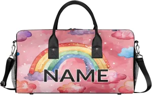 Personalized Cute Rainbow Travel Duffel Bag with Name, Custom Gym Sport Bag Cartoon Colorful Carry On Weekend Overnight Duffel Bag for Men Women