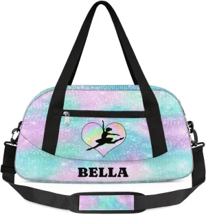 Personalized Dance Gym Bag for Girl, Custom Sport Weekender Travel Duffel Bag - Watercolor Glitter Heart Ballet