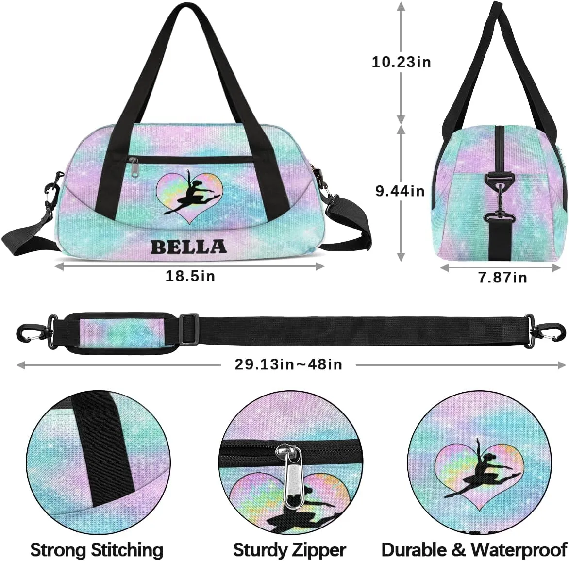 Personalized Dance Gym Bag for Girl, Custom Sport Weekender Travel Duffel Bag - Watercolor Glitter Heart Ballet