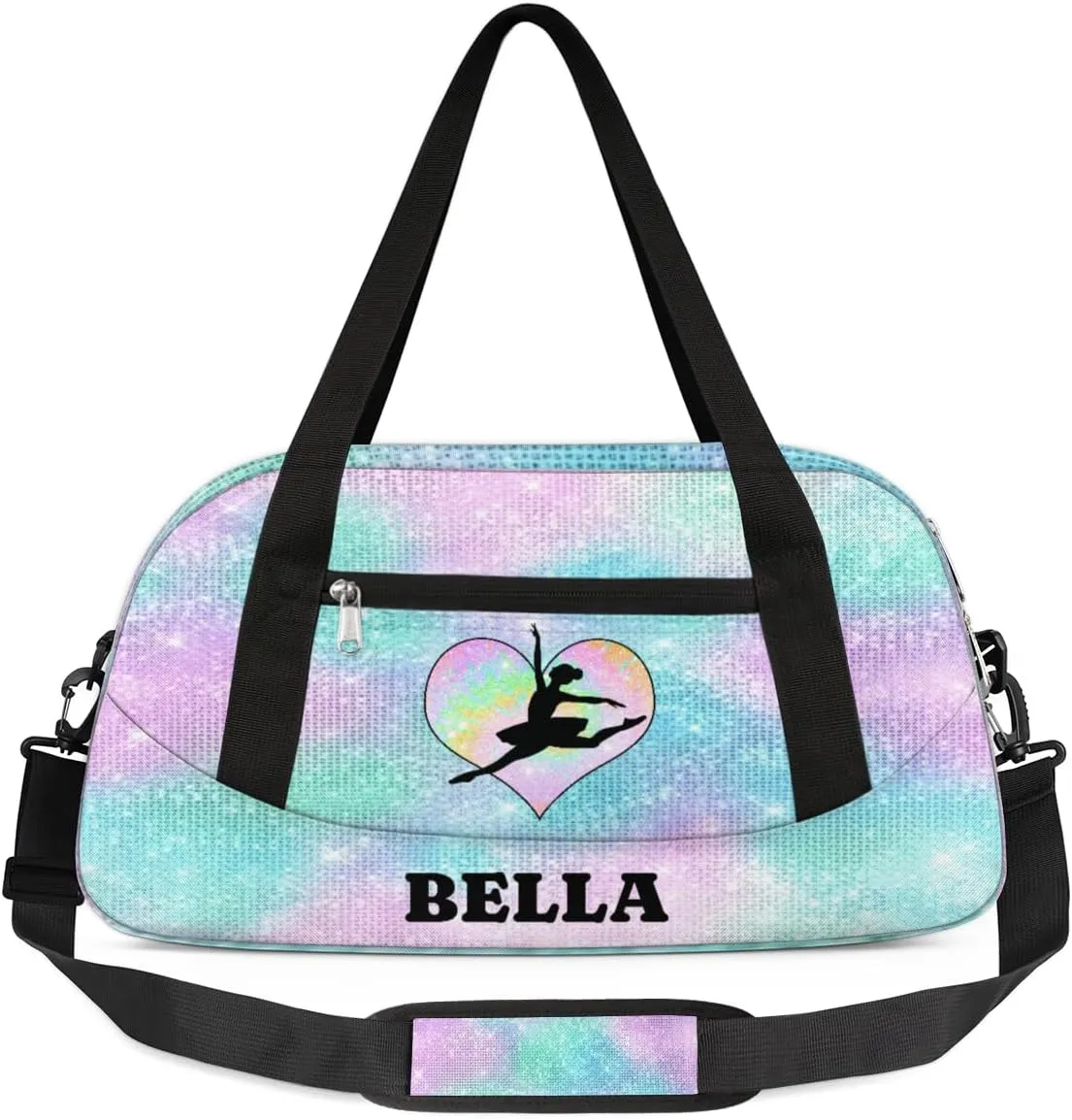 Personalized Dance Gym Bag for Girl, Custom Sport Weekender Travel Duffel Bag - Watercolor Glitter Heart Ballet