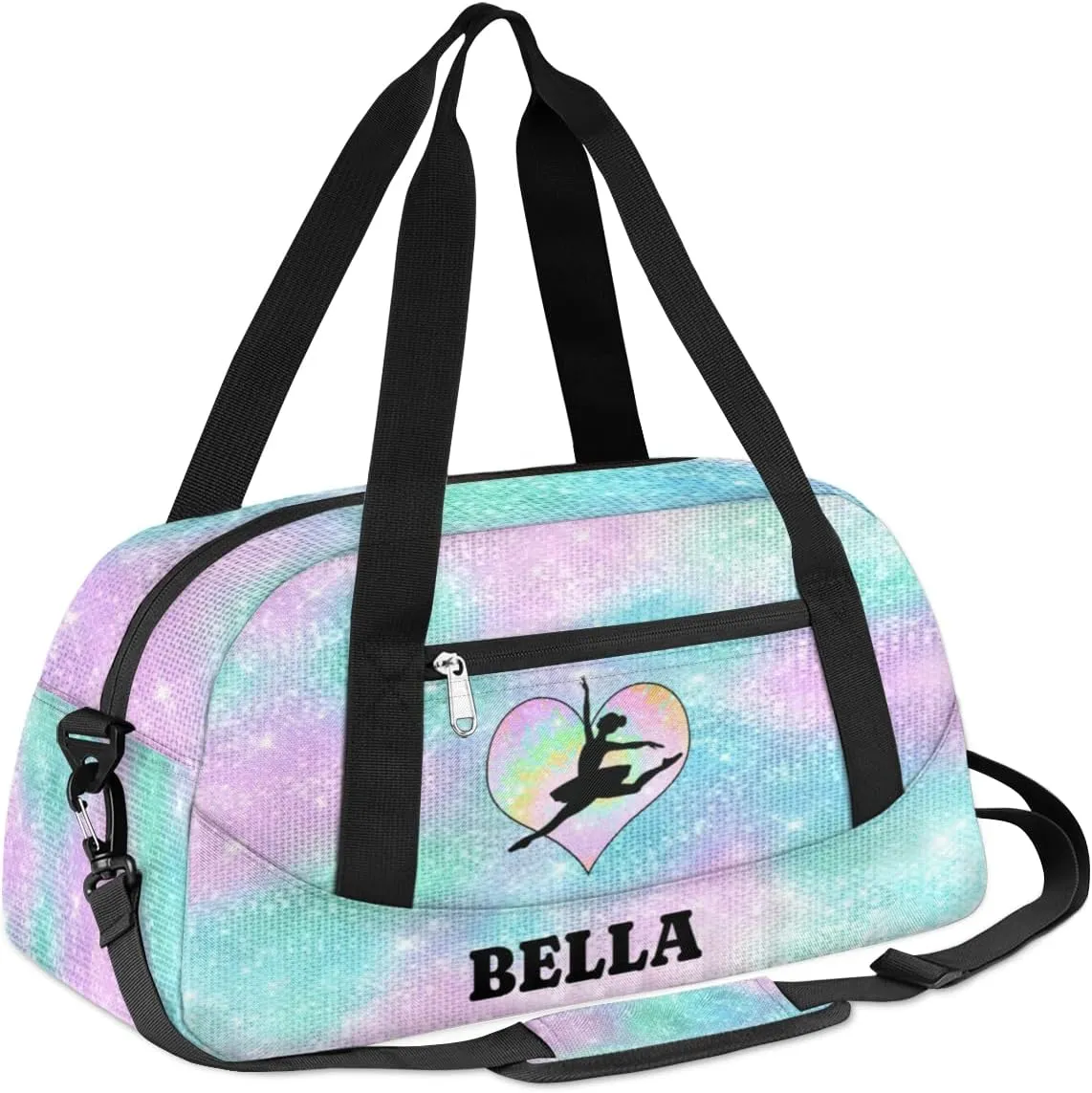 Personalized Dance Gym Bag for Girl, Custom Sport Weekender Travel Duffel Bag - Watercolor Glitter Heart Ballet