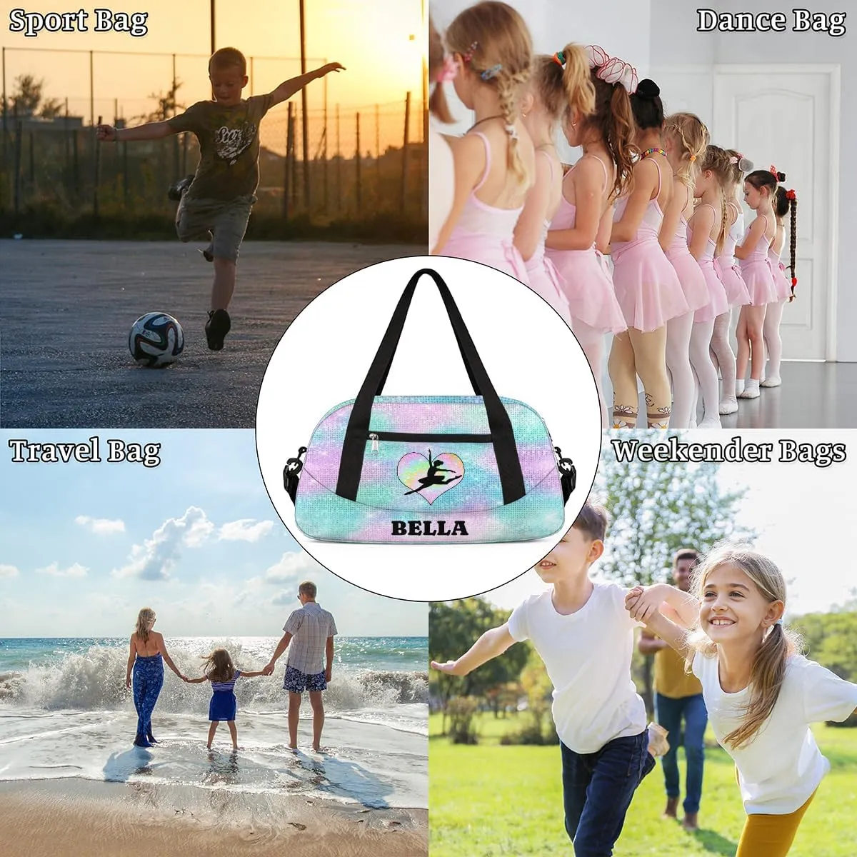 Personalized Dance Gym Bag for Girl, Custom Sport Weekender Travel Duffel Bag - Watercolor Glitter Heart Ballet